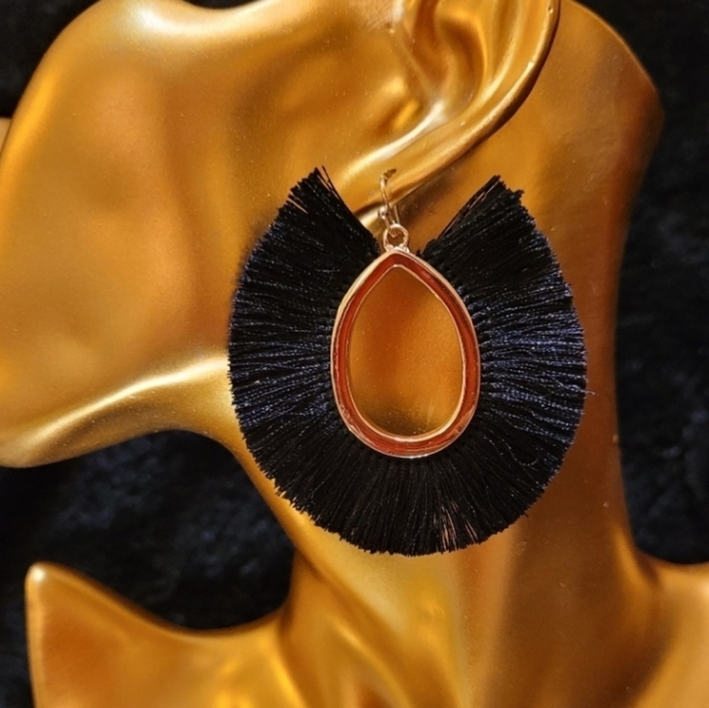 CHA CHA  100% SILK BLACK TASSEL LARGE HOOP BOHO EARRINGS